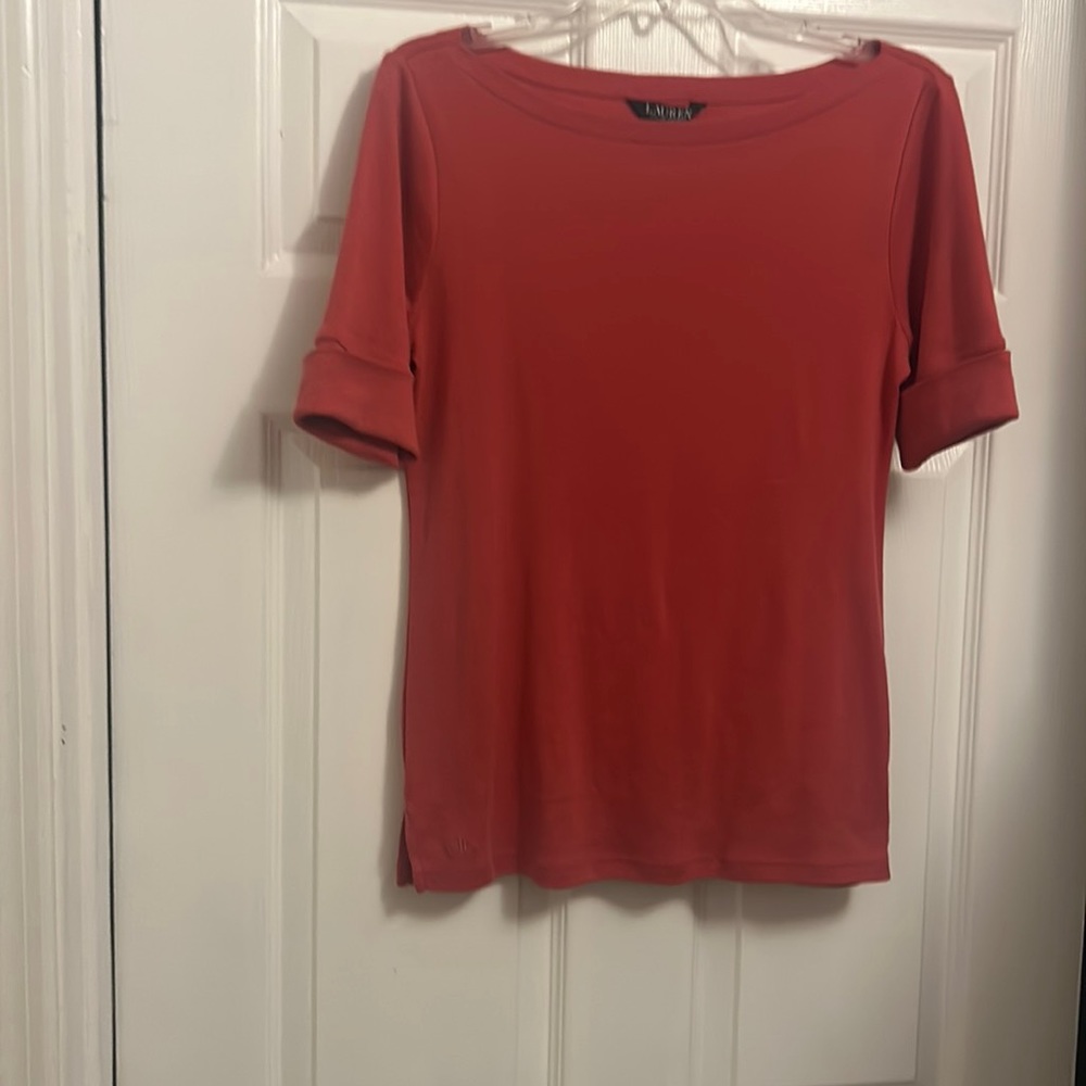 Ralph Lauren top, short sleeves with cuffs, 2 1/2” slit on bottom each side